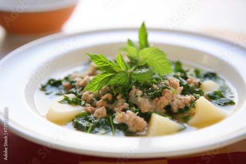 zuppa toscana topped with fresh basil leaves