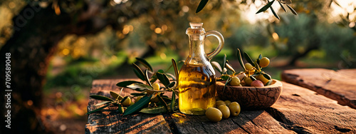 Olive oil on a table in the garden. Selective focus.