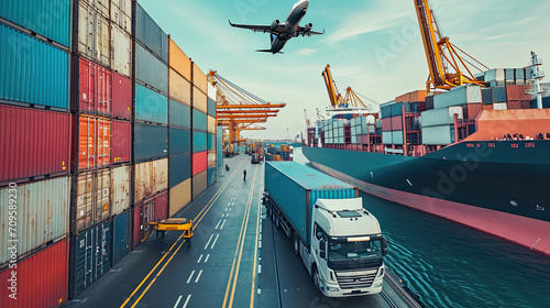Global business logistic and transportation import export goods. Container cargo freight ship at international port. Cargo plane flying above truck shipping container. Logistic industry