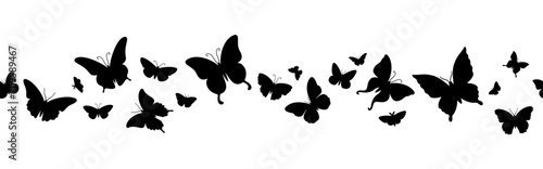 utterfly border. Seamless horizontal butterflies frame, flying moths black silhouettes group. Cute exotic insect flock. Vector isolated element
