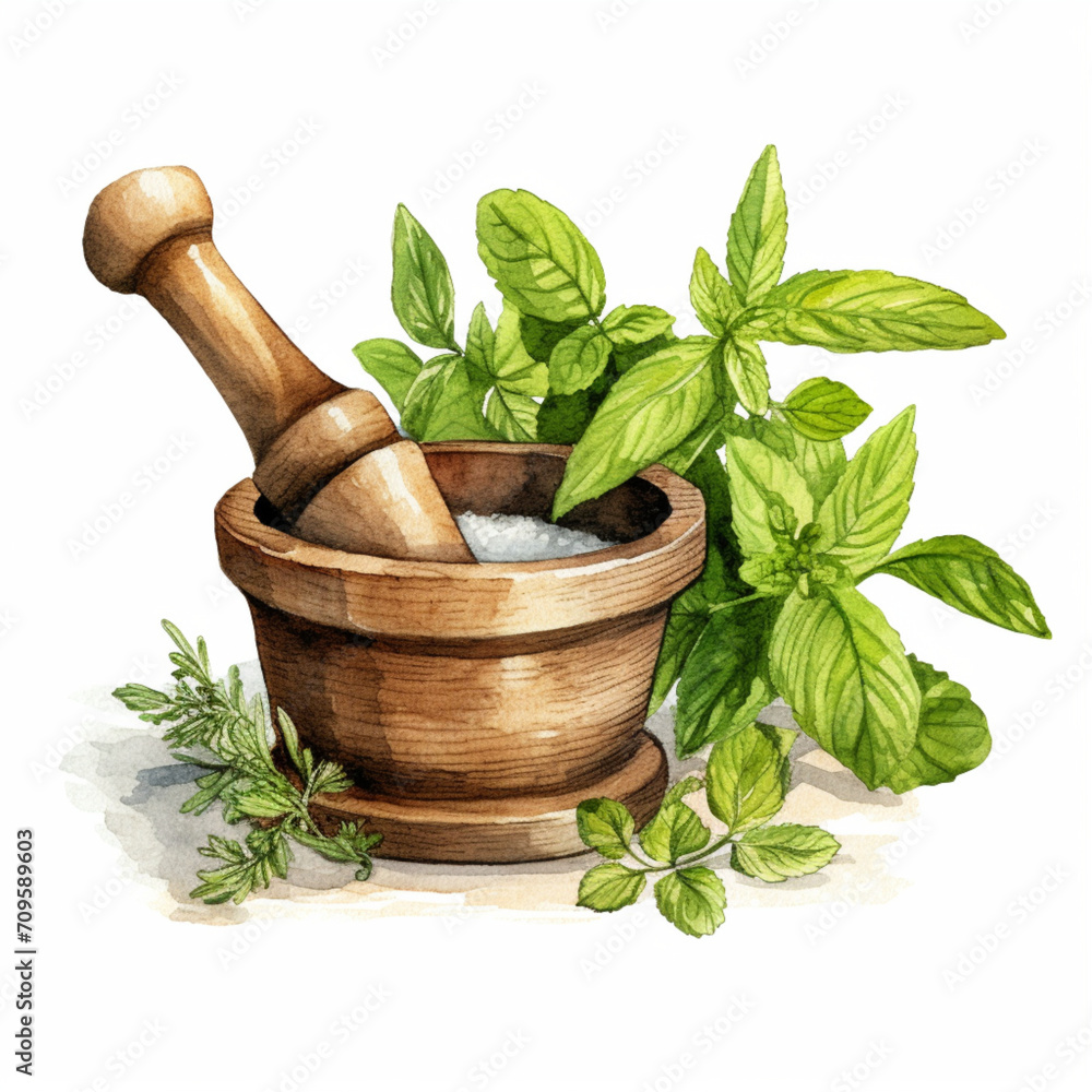 Watercolor Illustration of Herbs with Mortar and Pestle.