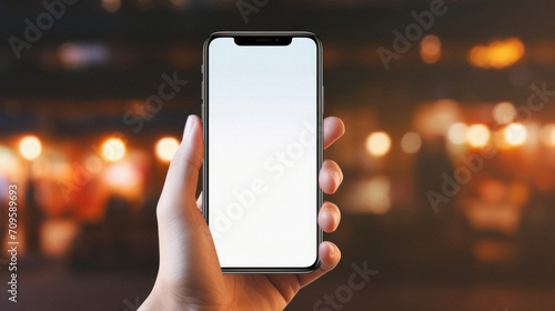 Mockup of a hand holding black mobile phone with blank white screen on blurred background