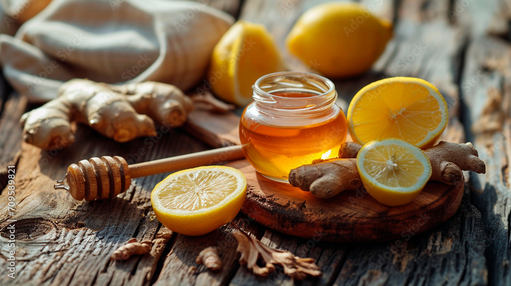 ginger lemon and honey on the table. Selective focus. ginger lemon and honey on the table. Selective focus.
