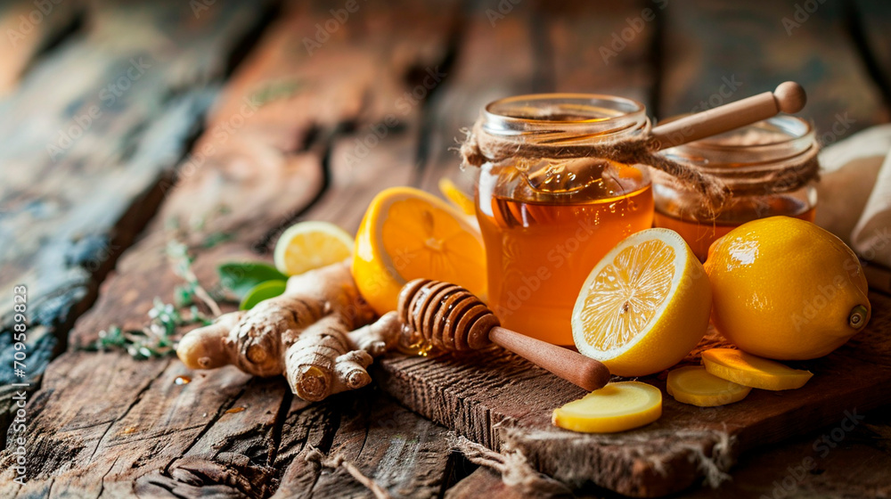 ginger lemon and honey on the table. Selective focus. ginger lemon and honey on the table. Selective focus.