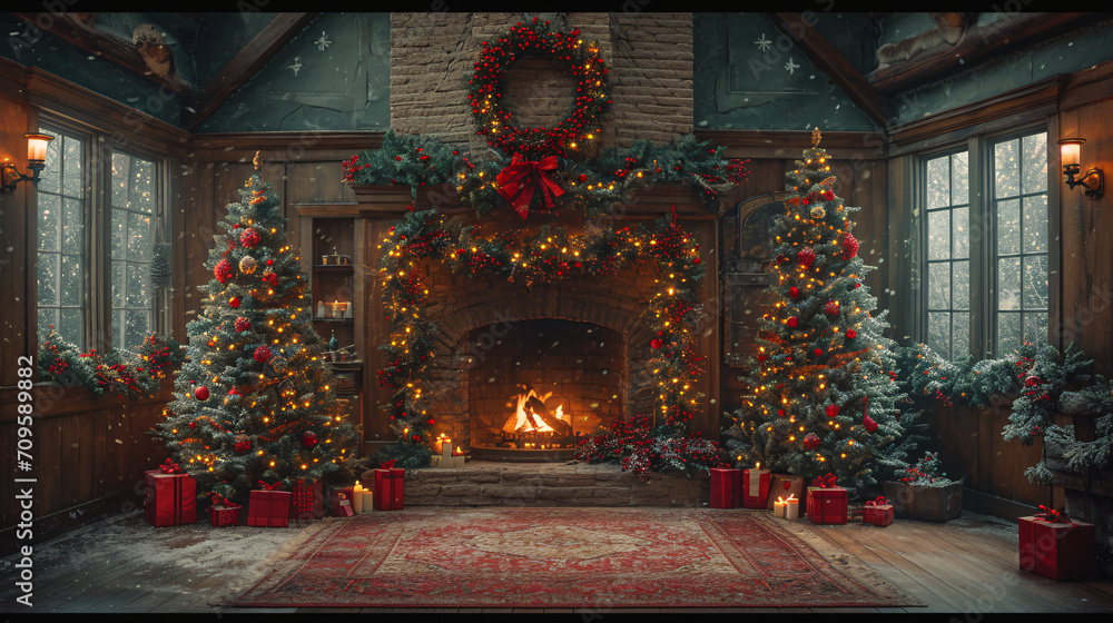 Generative AI. A cozy room adorned with Christmas trees, a fireplace, and gifts creates a festive atmosphere