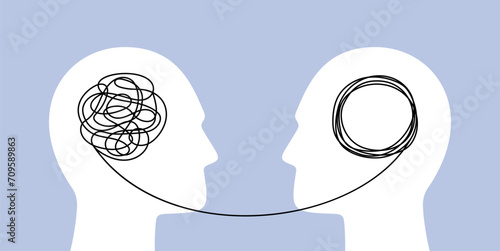 Psycho therapy. Therapist and patient heads with tangled knot and unraveling thread of thoughts. Mental health, problem solving and brainstorm vector concept