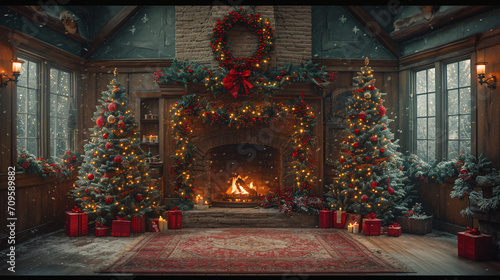 Generative AI. A cozy room adorned with Christmas trees, a fireplace, and gifts creates a festive atmosphere photo