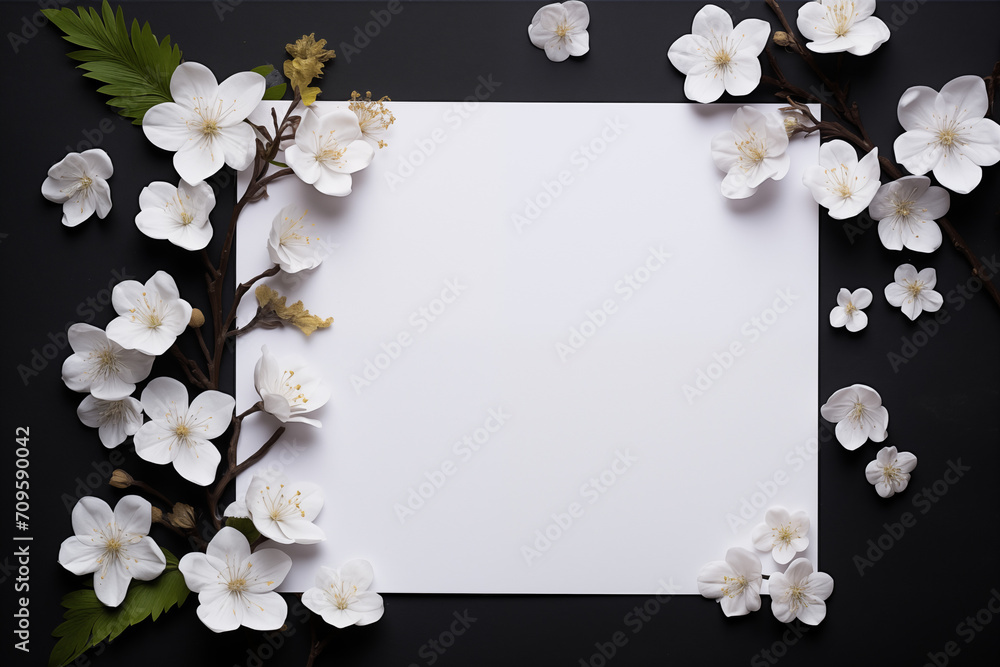 Blank white invitation card empty on black background with white flowers Blank white invitation card empty on black background with white flowers