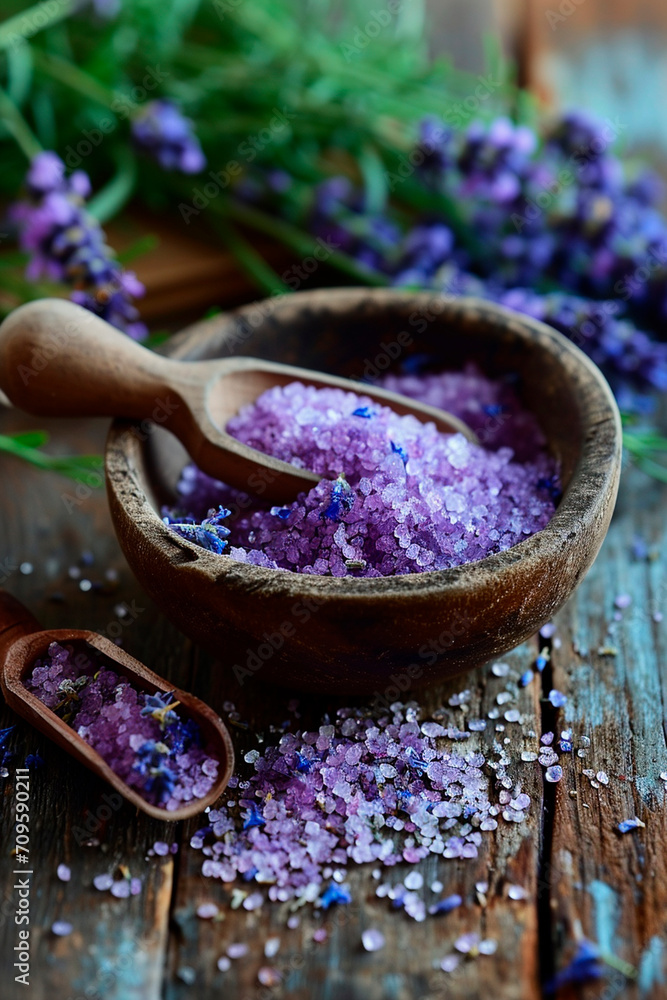 sea salt with lavender scent. Selective focus. sea salt with lavender scent. Selective focus.