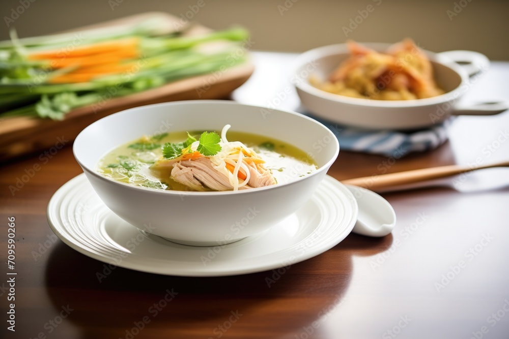 steaming chicken noodle soup in white bowl, side bread steaming chicken noodle soup in white bowl, side bread