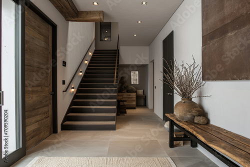 Contemporary Entrance Hall With Minimalist Touches, Featuring Sleek Staircase And Rustic Wooden Bench © Anastasiia