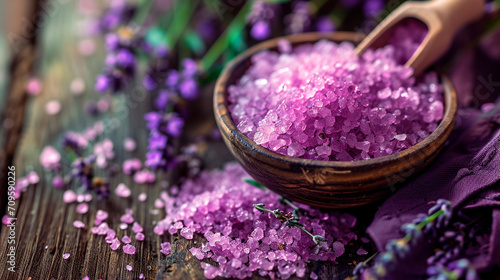 sea salt with lavender scent. Selective focus.