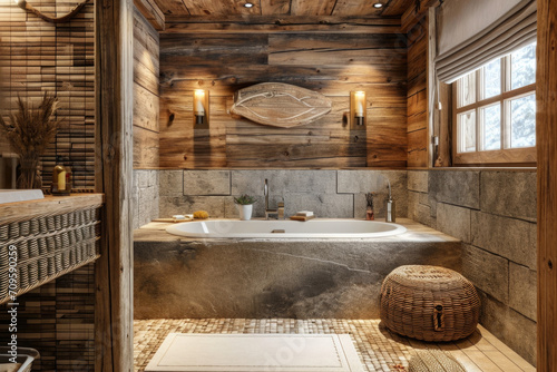 Cozy And Natural Bathroom With Wooden Accents, Including Bathtub, Designed For Comfort And Style