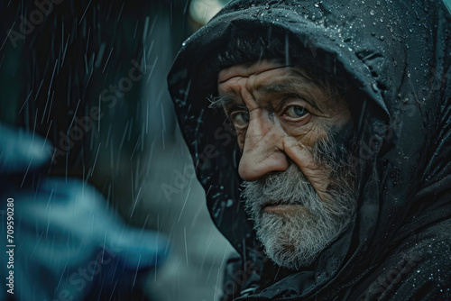 Poignant Portrayal Of A Resilient Senior Citizen Seeking Aid On Drenched American City Streets