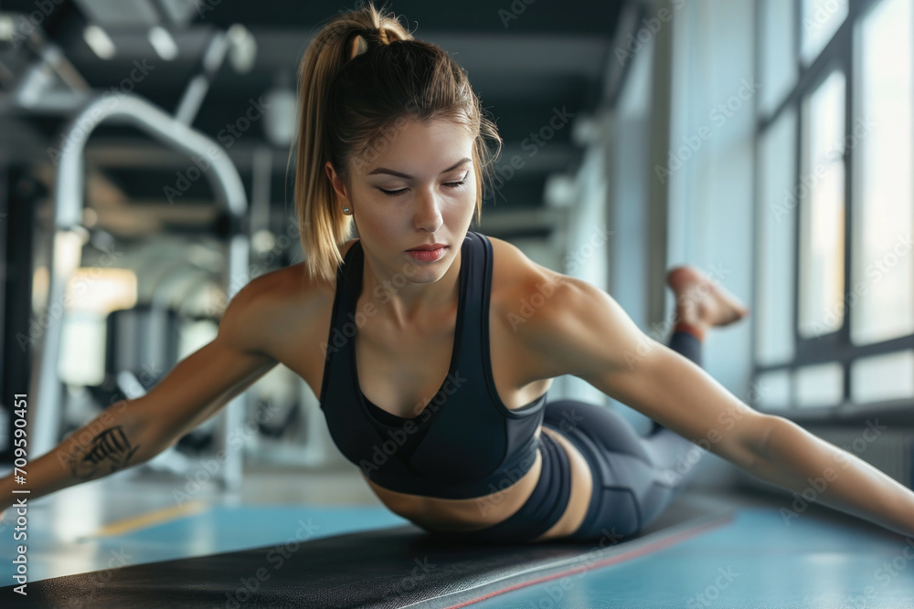 Fit Woman Practicing Plank And Stretching On Yoga Mat In Modern Gym Fit Woman Practicing Plank And Stretching On Yoga Mat In Modern Gym