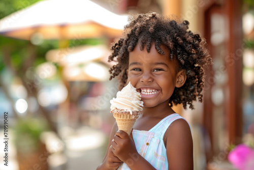 Joyful African American Child Delighting In Gelato On A Bright Summer Day In The Urban Landscape