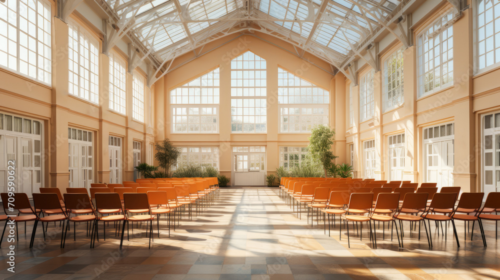 Bright atrium conference space with orange chairs and natural light. Open space concept. Generative AI - obrazy, fototapety, plakaty 
