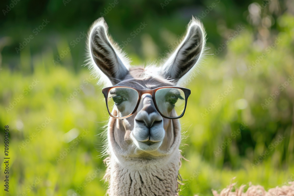Happy Llama With Glasses Grazing In Meadow, Wide Angle