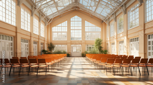 Bright atrium conference space with orange chairs and natural light. Open space concept. Generative AI photo