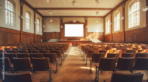 Spacious traditional lecture hall with stained glass windows and wooden panels. Education concept. Generative AI