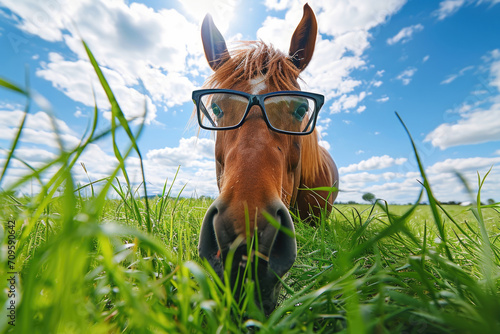 Joyful Equine Sporting Spectacles Chewing On Grass In Expansive Field © Anastasiia