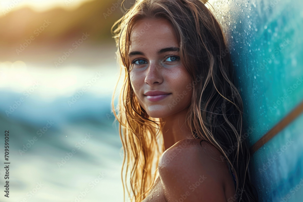 Portrait Of Fit Surfer Girl With Surfboard, Beach Background Blurred Portrait Of Fit Surfer Girl With Surfboard, Beach Background Blurred
