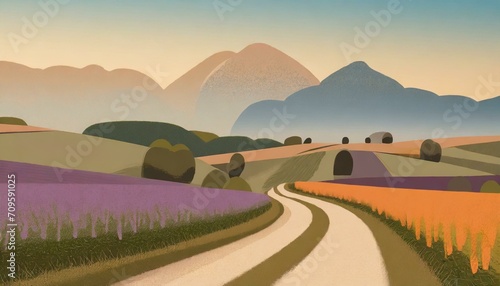 many mountains and counntry road illustration