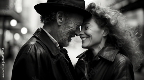 A heartwarming moment of closeness between a smiling couple, their joy palpable in timeless black and white