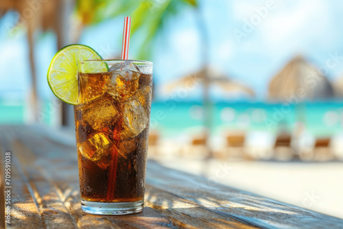 Beach Bar Counter: Enjoy A Refreshing Cola Soda With Lime Slice And Straw
