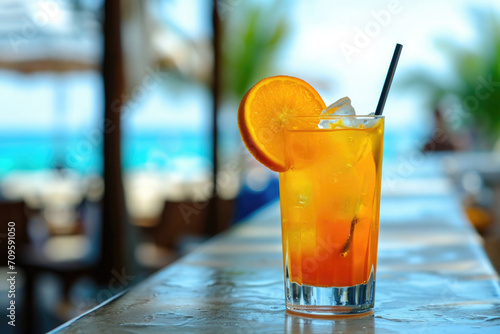 Tropical Beach Bar Delight  Refreshing Orange Cocktail With A Slice And Straw