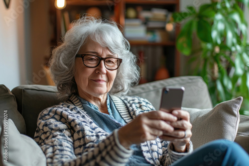 Elderly Woman Utilizing Smartphone App To Browse Home-Based Ecommerce Deals