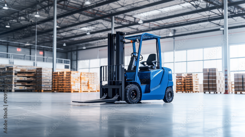 Blue forklift stationary in an industrial warehouse, ready for operation concept. Generative AI