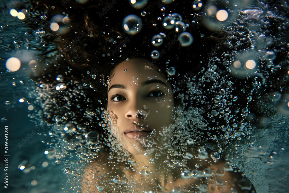 Captivating Underwater Portrait: Model Enveloped In Bubbles, Perfect For Advertisements