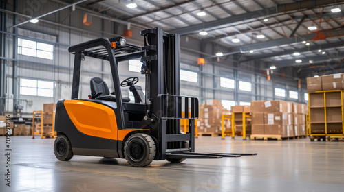 Modern orange forklift in a bright warehouse, logistics and distribution. Generative AI photo