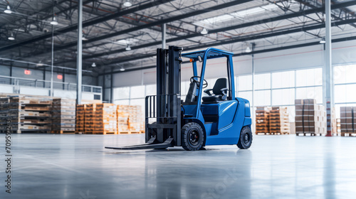 Blue forklift stationary in an industrial warehouse, ready for operation concept. Generative AI