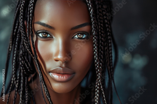 Exquisite African American Woman: Vision Of Elegance With Graceful Braids, Flawless Face, And Captivating Gaze