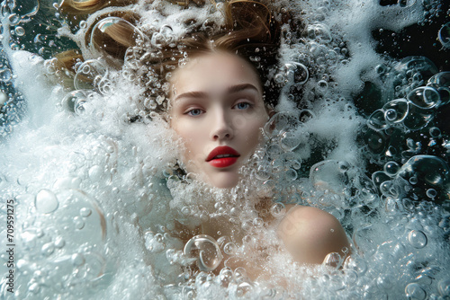 Captivating Underwater Portrait Featuring Model Amidst A Whirlwind Of Bubbles For Advertising Purposes