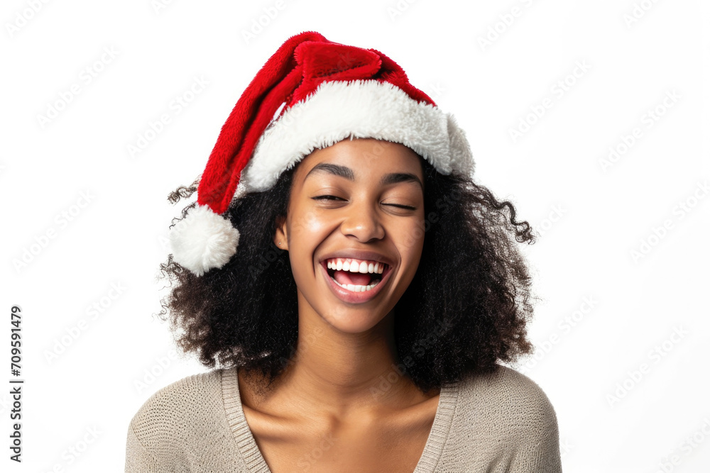 Joyful African American Woman Wearing Santa Hat, Radiating Happiness, Standing Alone On White Background Joyful African American Woman Wearing Santa Hat, Radiating Happiness, Standing Alone On White Background