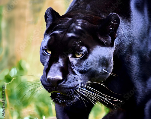 Black panther in wildlife from close range observing visitors.