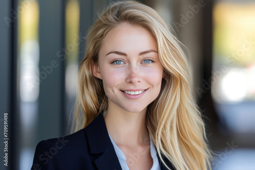 Portrait Of A Blonde-Haired Young American Businesswoman Smiling For Advertisement