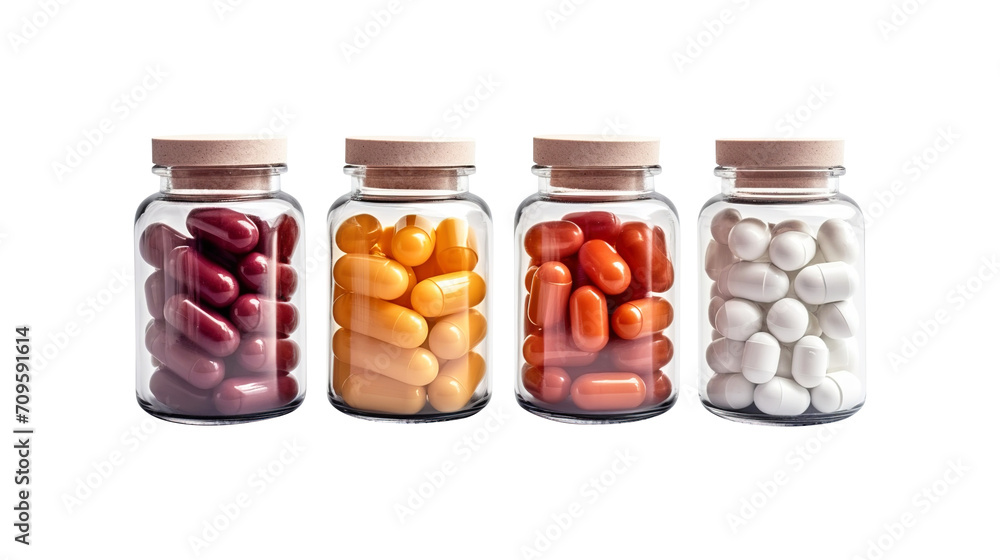 Set of tablets in glass bottles capsules isolated on transparent background Remove png, Clipping Path, pen tool Set of tablets in glass bottles capsules isolated on transparent background Remove png, Clipping Path, pen tool