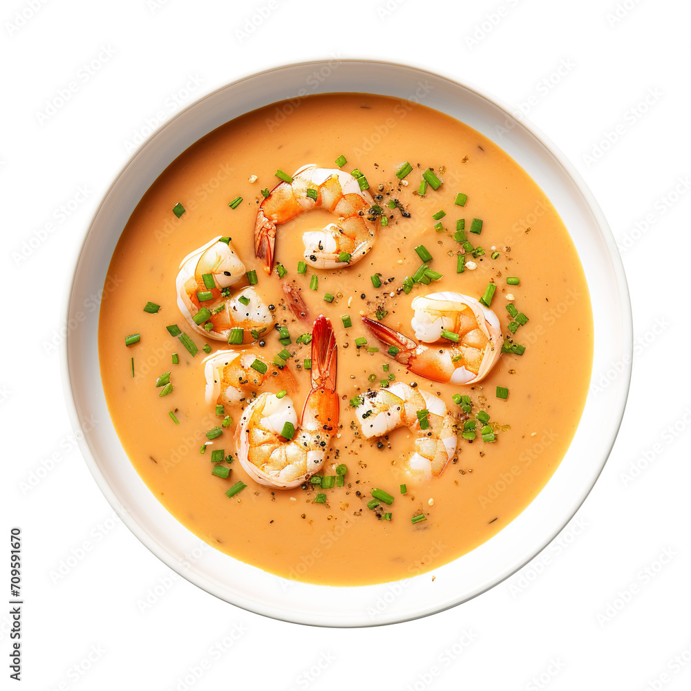 bowl of shrimp bisque soup top view isolated on transparent background Remove png, Clipping Path, pen tool