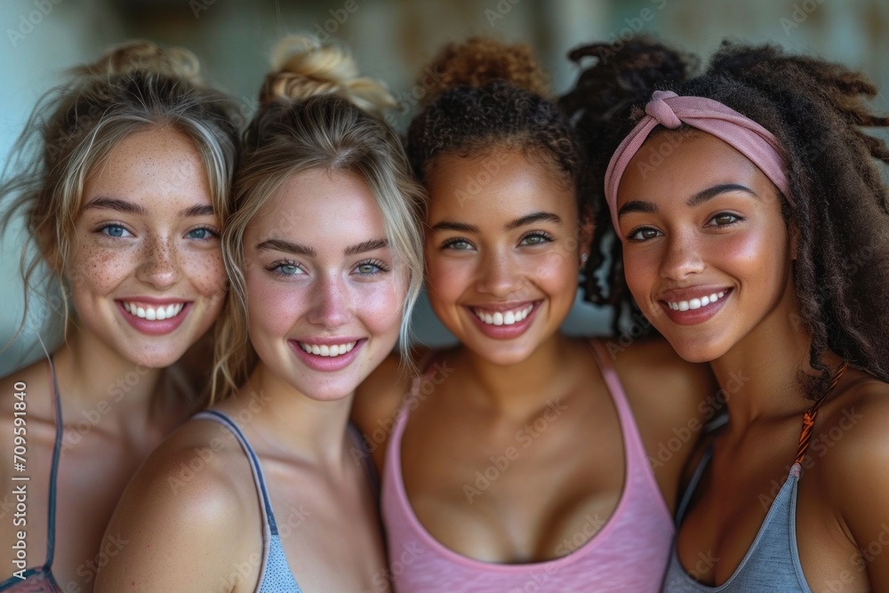 Diverse and happy group of young friends taking a cheerful selfie after working out at the gym or studio.