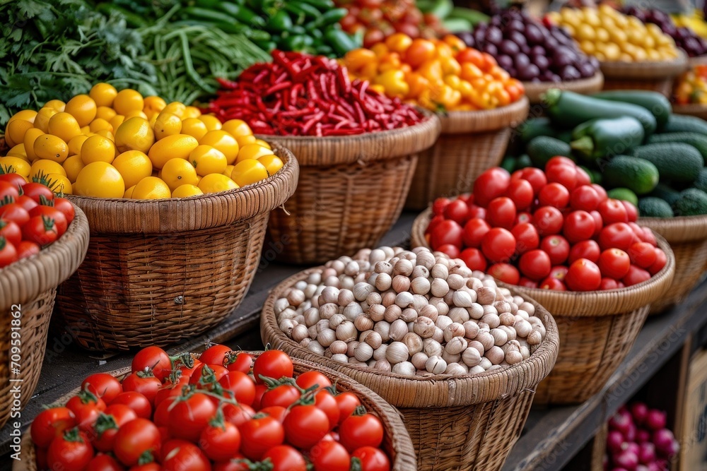 A colorful display of fresh organic vegetables and fruits at the market, promoting healthy and wholesome choices.