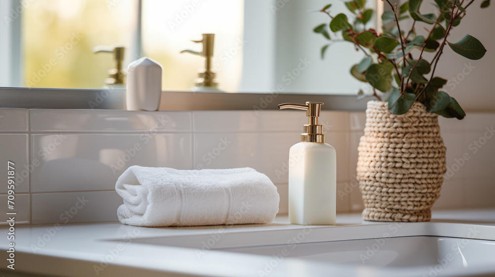 Neat bathroom arrangement with white soap dispenser and natural woven vase. Clean and organic concept. Generative AI Neat bathroom arrangement with white soap dispenser and natural woven vase. Clean and organic concept. Generative AI