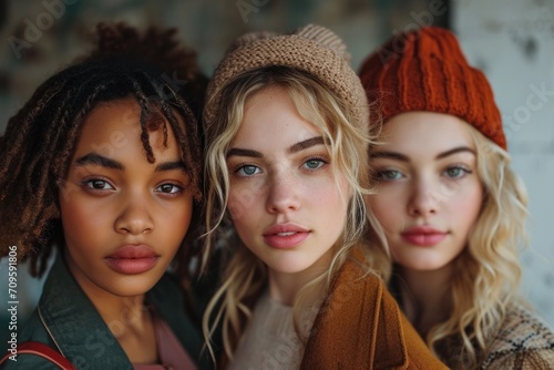 A diverse and confident group of young women demonstrating beauty, friendship and style in the outdoors. photo