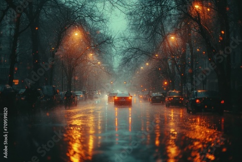 Rainy day in the city with blurry car headlights, wet roads and raindrops on the windshield.