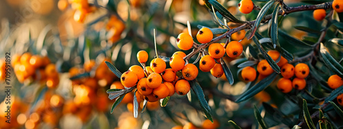 Sea buckthorn on a berry tree. Selective focus.