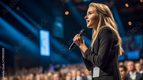 Young professional woman speaking at a conference podium. Career development and networking concept. Generative AI © ImageFlow
