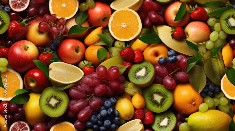 Different fruits as apple, orange, strawberry, mango, kiwi, grapes seamless pattern. Fruit repeated background of harvest. Different fruits as apple, orange, strawberry, mango, kiwi, grapes seamless pattern. Fruit repeated background of harvest.